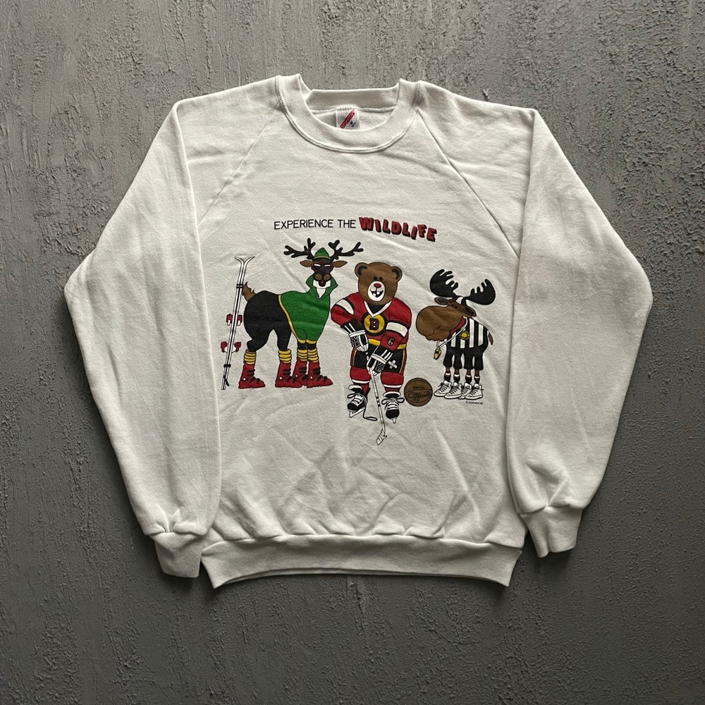 Vintage Experience The Wildlife Graphic Sweatshirt Mens Medium White 80s Jerzees